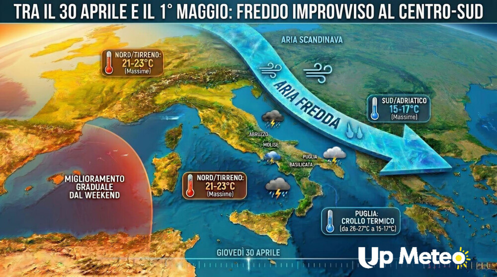 Temporali al Nord, brusco calo termico al Sud: le previsioni fino al 1° maggio
