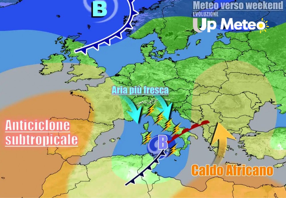 Fase acuta instabile, con vortice depressionario sull'Italia alimentato da impulsi d'aria fresca in quota dal Nord Europa