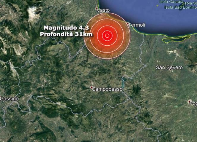 Molise forte scossa di terremoto di magnitudo 4.3