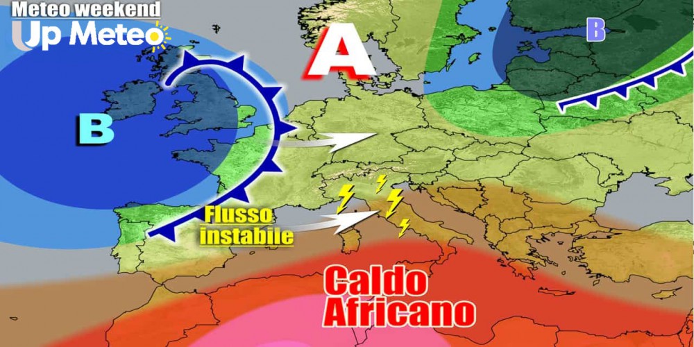 Italia spaccata in due con forti temporali al Centro-Nord, mentre l'anticiclone africano riportera caldo al Sud e sulle Isole